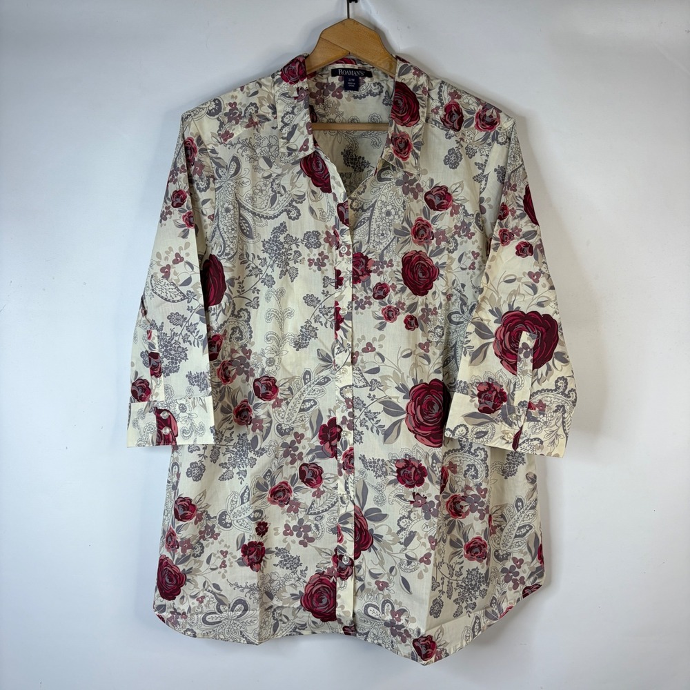 Roaman's Tunic Top Women 22W Cream Burgundy Floral Paisley 3/4 Sleeve Button Up